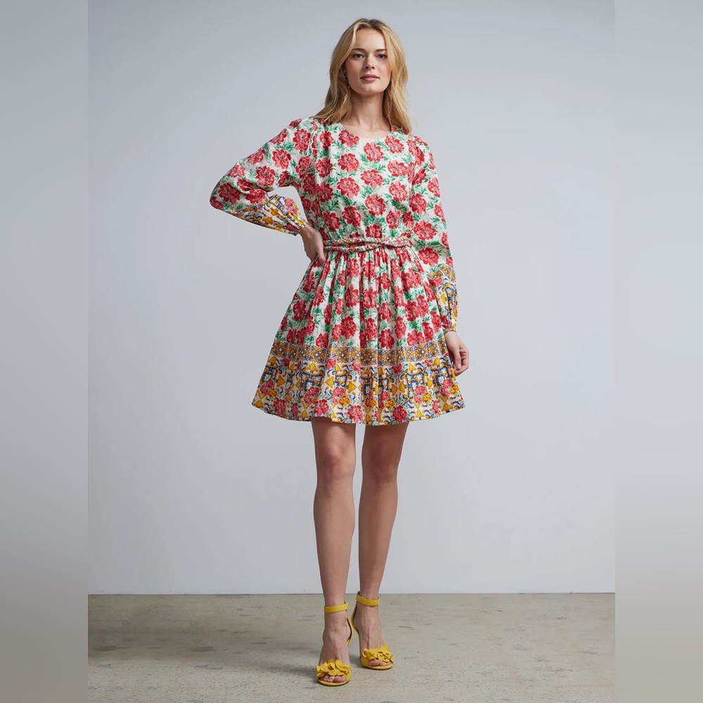 New York & Company Floral Cotton Boho Mini Dress XL Cottagecore  Tie Waist